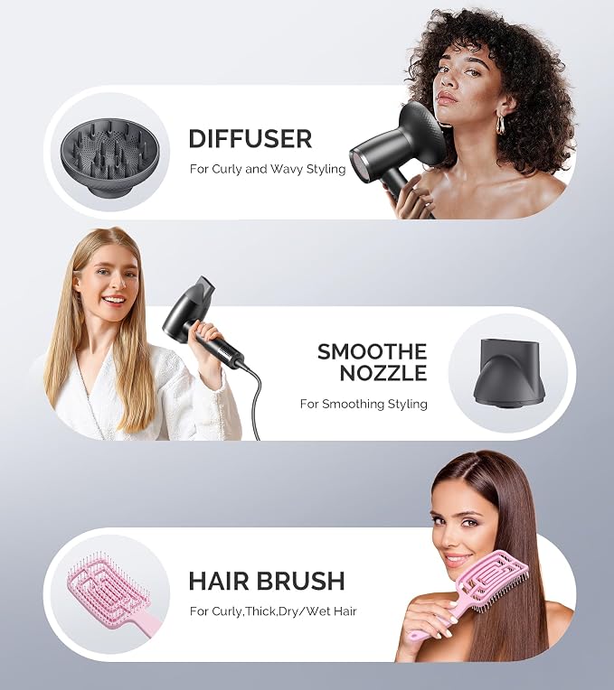 MelodySusie Hair Dryer with Diffuser, 1600W Fast Drying Low Noise Ionic Hair Dryer for Curly Hair with Diffuser,Nozzle and Hair Brush,120,000 RPM Blow Dryer Ideal for Women