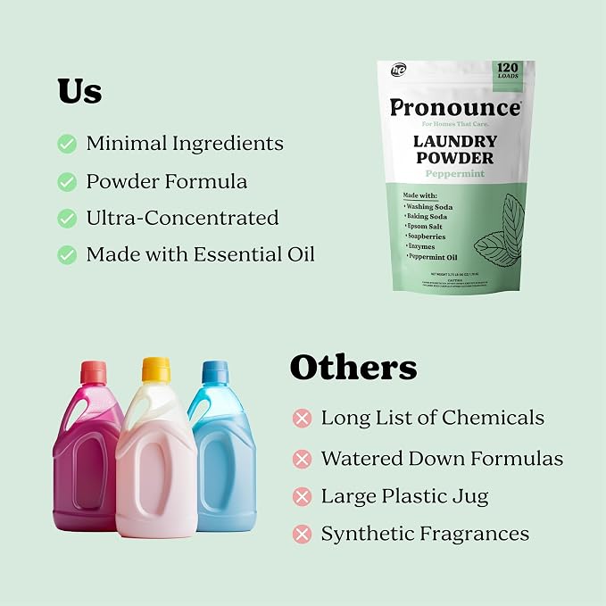 Pronounce Laundry Detergent Powder Alternative | Cleaner Ingredients. Safer for Sensitive Skin. Stain + Smell Fighting. With Essential Oils. HE Safe (Peppermint, 120 Loads)