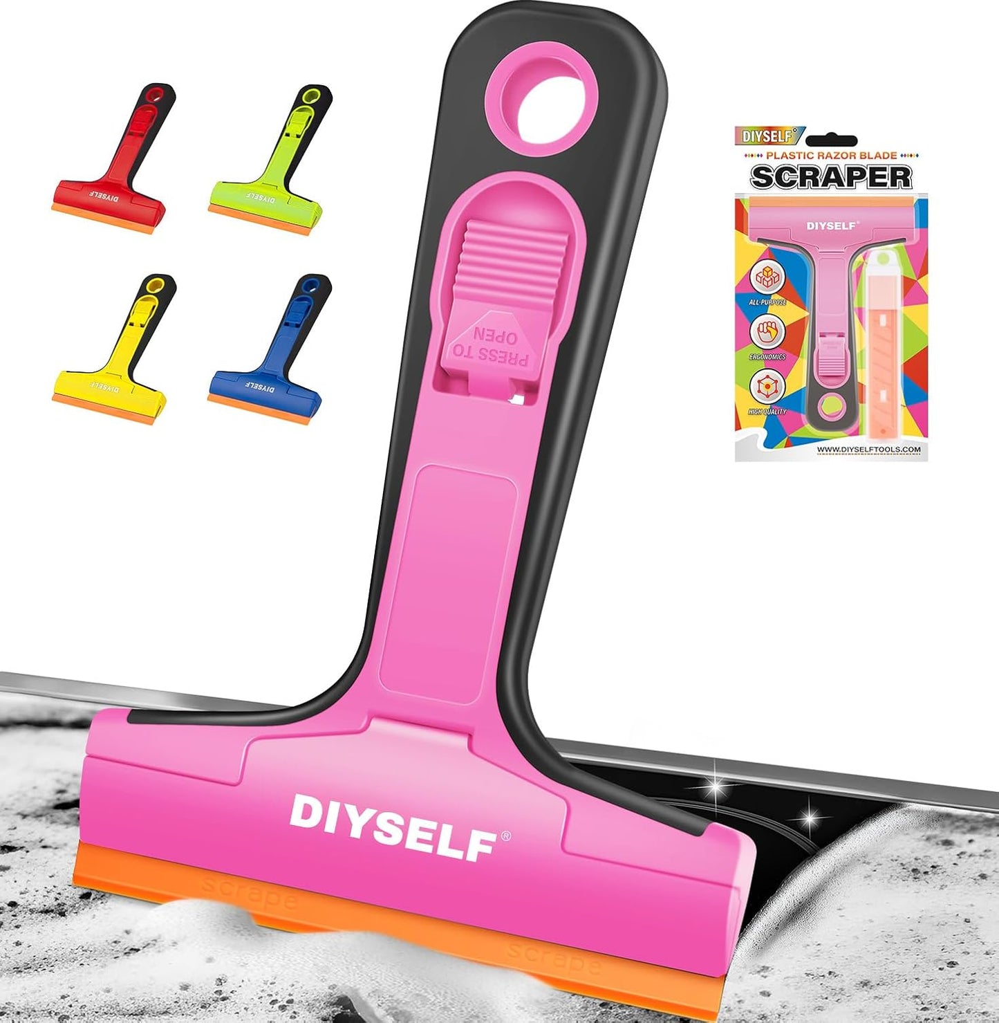 DIYSELF-Razor-Blade-Scraper, 1 Pack Razor Blade Scraper, Extra 5 PCS Orange Plastic Blades, Razor Blade Scraper Tool for Cleaning, Glass Scraper for Windows, Razor Scraper Tool for Car, Cooktop