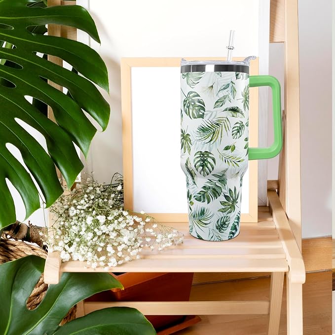 Ceovfoi 40 oz Green Insulated Stainless Tumbler - Tropical Plant Travel Coffee Cup, Water Bottle, Gardeners Gift