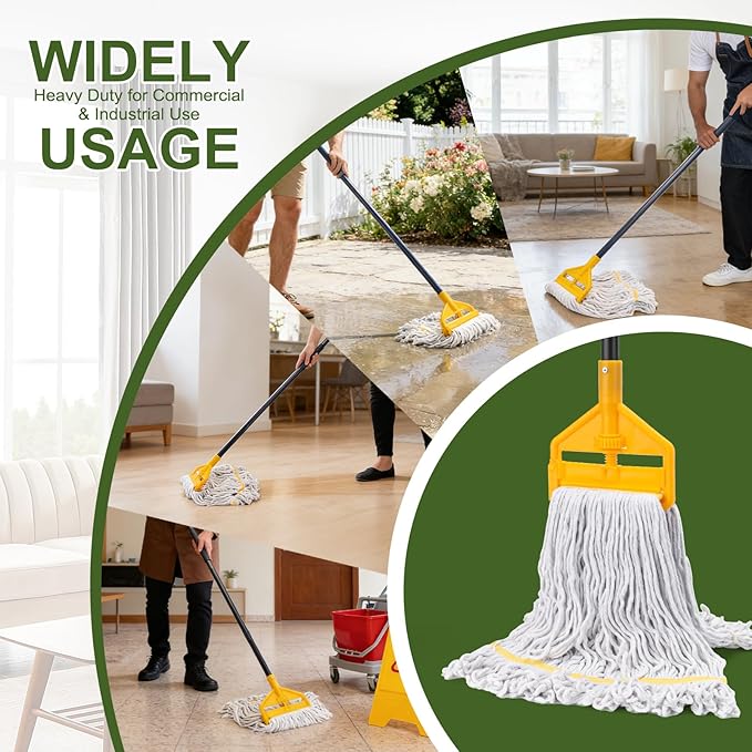 KeFanta Commercial Mop with 3 Extra Large Replacement Heads, 59Inch Handle Heavy Duty Industrial Mops Looped-End String Wet Cotton Mop for Home,Kitchen,Office,Garage,Workshop, Warehouse Floor Cleaning