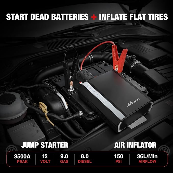 Nilight Jump Starter with Air Compressor 3500A 150PSI Portable Car Battery Booster 9.0 Gas & 8.0L Diesel with Auto-Shutoff Digital Tire Inflator 12V Battery Power Supply w/Large LCD Display