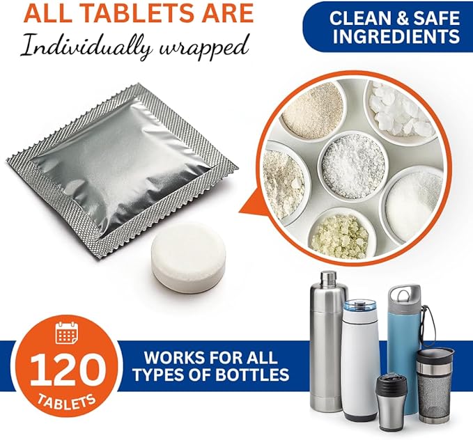 Skyis Water Bottle Cleaning Tablets 120 Pack – Removes Odor and Stains No Scrub Bottle Cleaner Tablets for Stainless Steel, Tumbler,Hydration Bladder, Coffee Mug and Travel Bottles