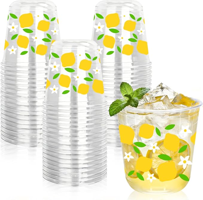 Whaline 50Pcs Summer Plastic Cups 12 Oz Lemon Disposable Clear Stemless Wine Cocktail Glasses PET Drinkware Cups Set for Wedding Birthday Baby Shower Party Supplies