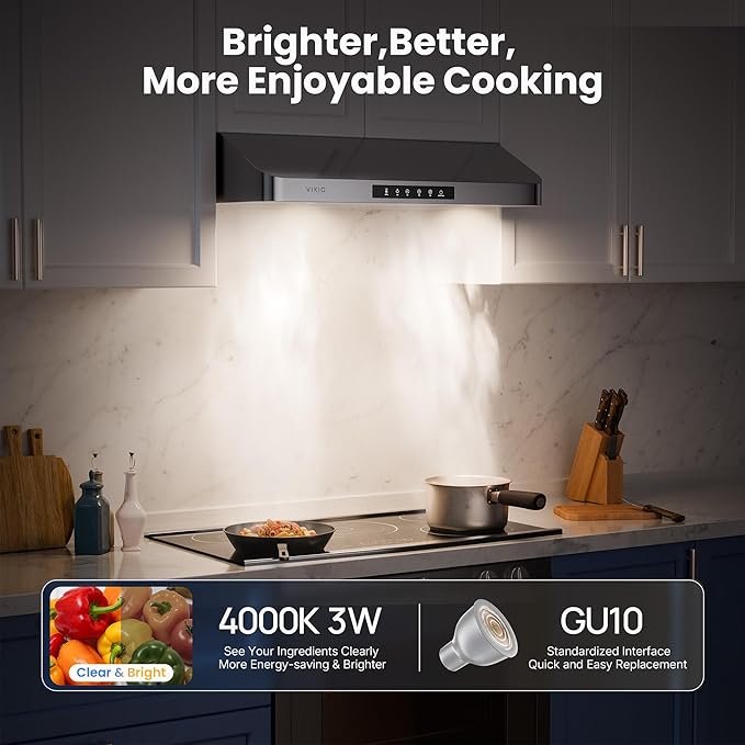 VIKIO HOME Under Cabinet Range Hood 30 Inch, 980CFM Fast Venting Ducted, Kitchen Hood With 3 Speed Gesture Sensing & Touch Control, Stainless Steel Stove Vent Hood With LED Light And 2 Baffle Filters
