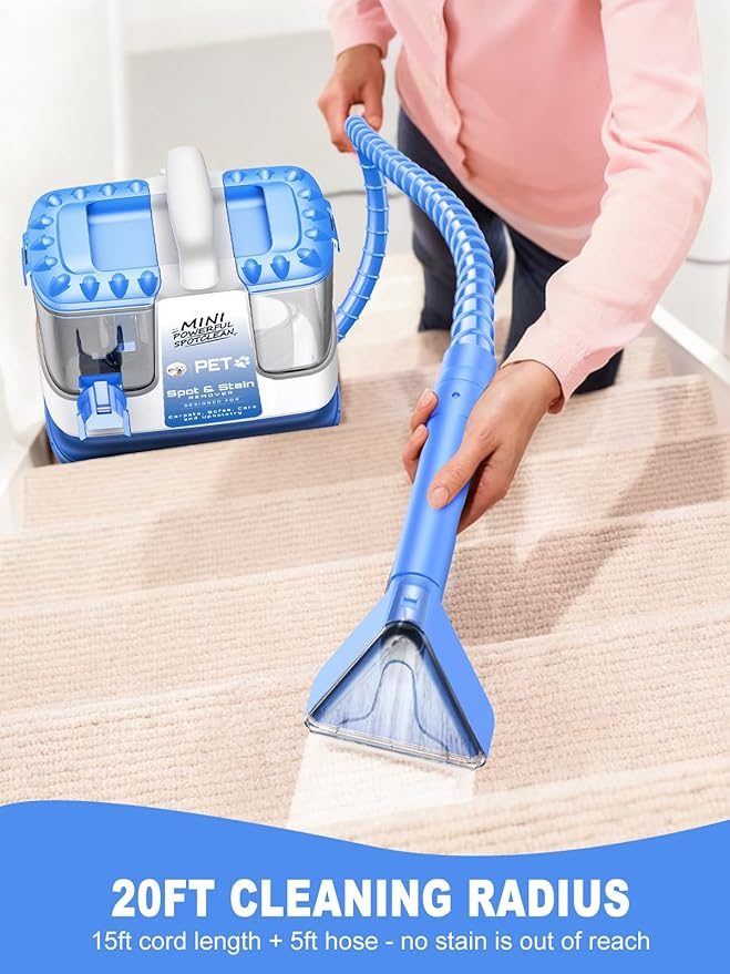 Portable Carpet & Upholestery Cleaner Machine for Pets, Spot, Stain, Couch Cleaner Machine with Powerful Suction and and Cleaning Solution, Car/Auto Detailer, Lightweight Compact Design, Blue