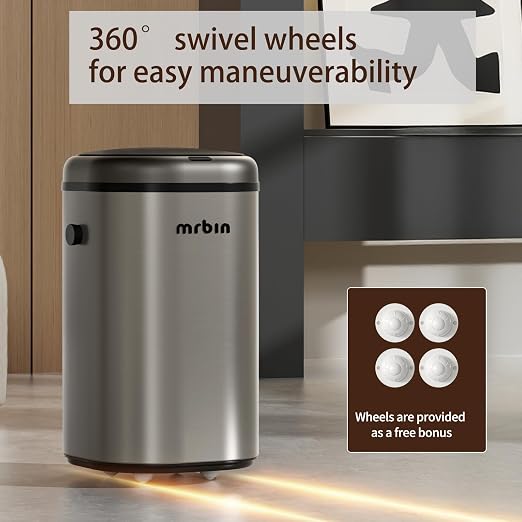 MRBIN Stainless Steel Adsorption Motion Sensor Trash Can Removable, 18L / 4.8gal Automatic Absorbing Bag Lidded Garbage Bin with Wheels, Waste Basket for Kitchen, Bathroom, Eclipse Grey
