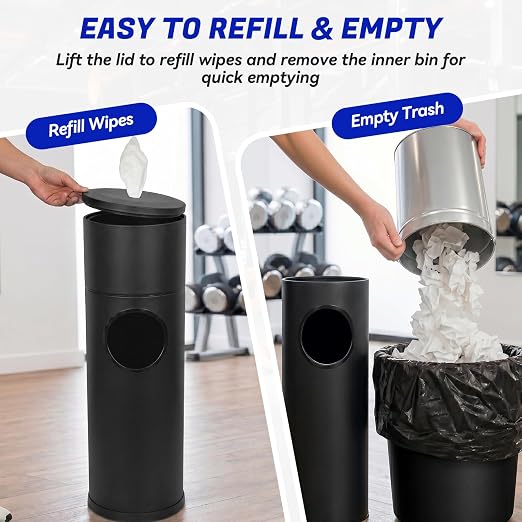Gym Wipe Dispenser with Trash Can, Stainless Steel Floor Stand for Disinfecting and Fitness Wipes, 1.5 Gallon, Silver