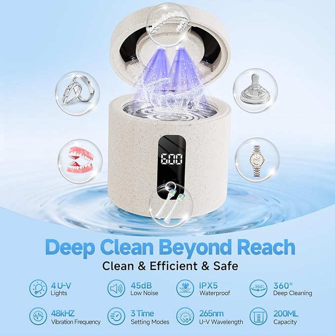 Ultrasonic Retainer Cleaner Machine, 45kHz ultrasonic Cleaner for Denture/Jewelry/Toothbrush with 4 Cleaning Modes, Digital Timer, 200ML Mouth Guard Cleaner for Aligner