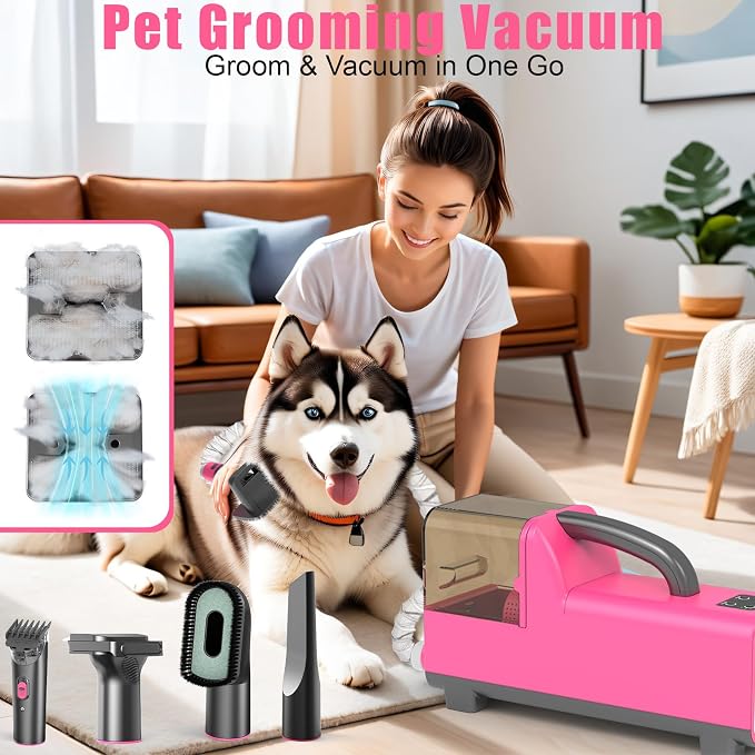 All-in-One Dog Grooming Clippers Kit with Pet Grooming Vacuum & Dog Hair Dryer, 1.8L Dust Cup, 5 Grooming Tools Cats Vacuum for Shedding Grooming