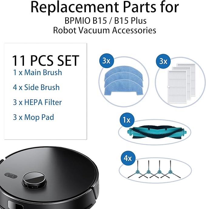 Replacement Parts for BPMIO B15 / B15 Plus Robot Vacuum Accessories 1 Main Brush 4 Side Brush 3 HEPA Filter 3 Mop Pad