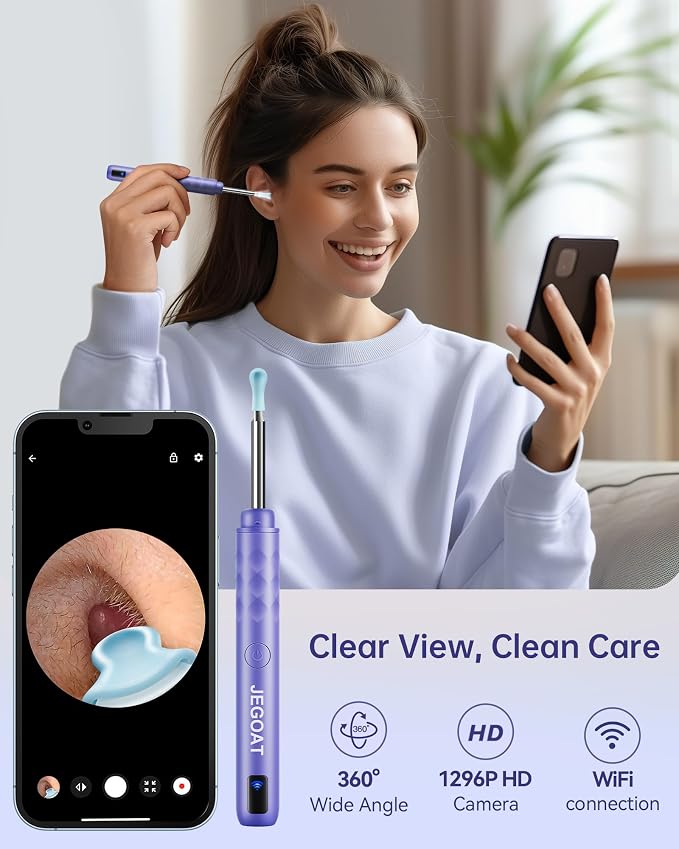 Jegoat Ear Wax Removal, Ear Wax Removal Tool Camera with 1296P HD Camera and 6 LED Lights, Ear Cleaner with 10 Ear Pick, Upgraded Ear Wax Removal Kit for iOS and Android, Purple