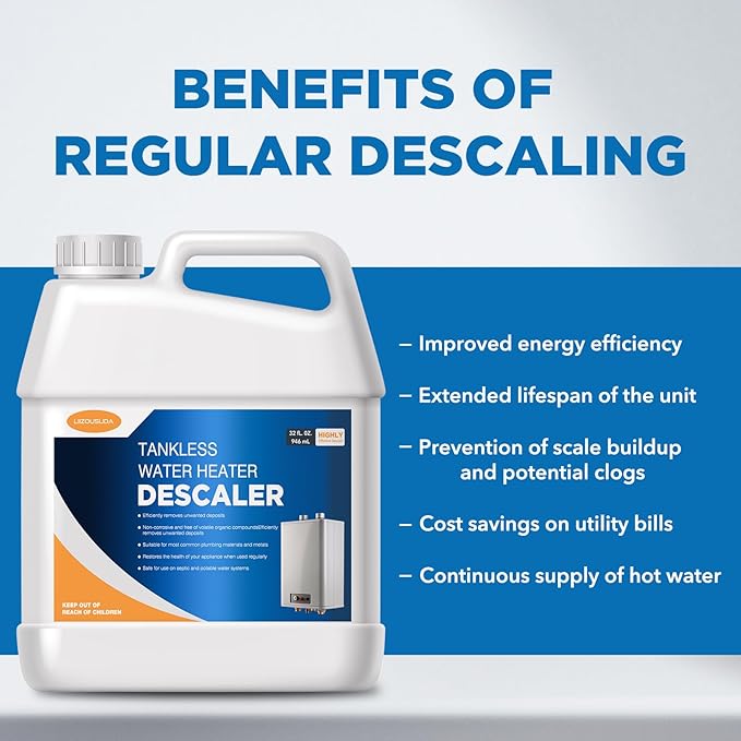 LIIZOUSUDA Tankless Water Heater Descaler, Highly Effective Descaler Restores Heating Efficiency - for Tankless Water Heater Systems, Restores Heating Efficiency, Easy to Use, Quart, 32 fl oz