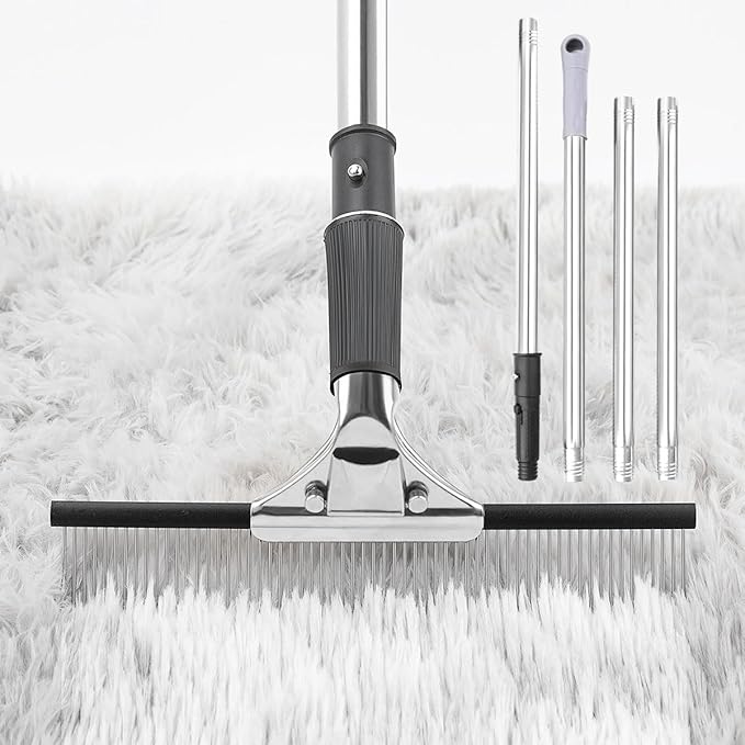 Big Carpet Rake with Long Handle, Making Carpets Fluffy Again, Clean Hair, Let Carpet Restore Softness(Iron, Black and Silver)
