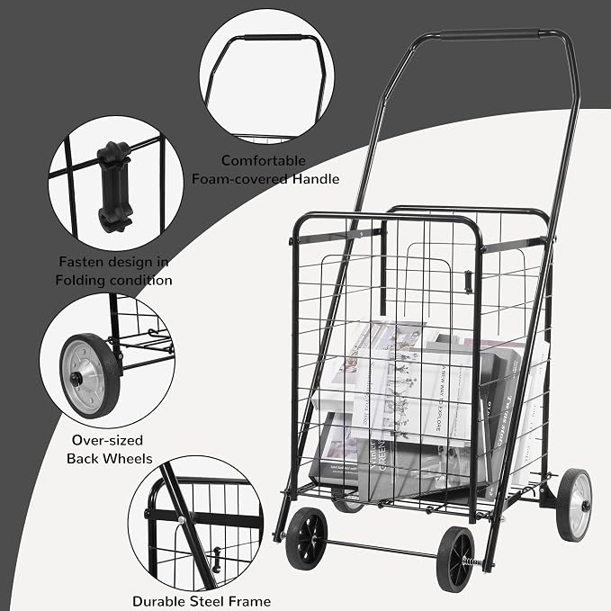 Elevon Foldable Shopping Utility Cart, Collapsible Durable Grocery Utility Cart with Rolling Wheels for Easy Storage, Laundry, Book, Luggage Travel, Compact Portable, Black