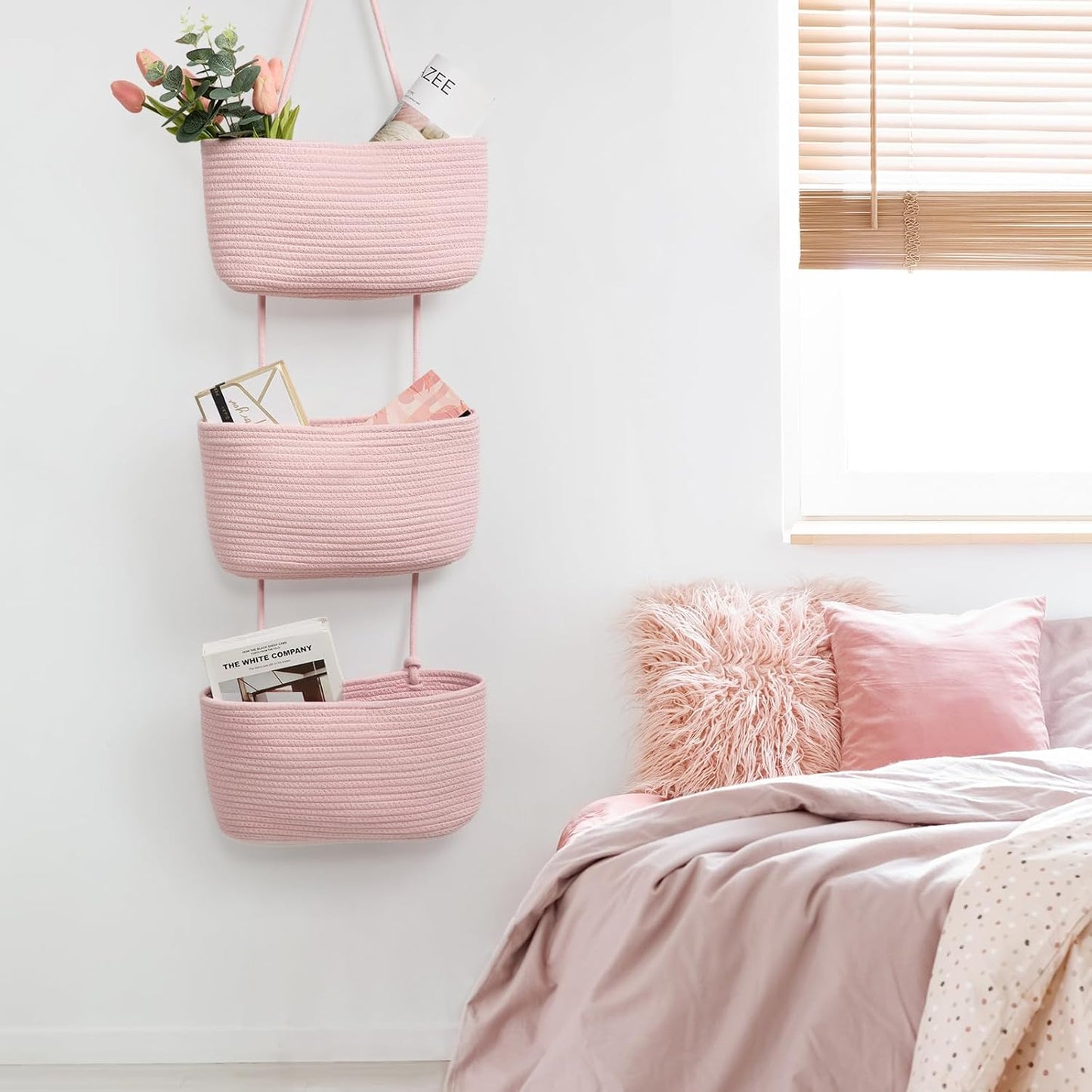 TeoKJ 3-Tier Wall hanging Storage Bags, Over the Door Organizer, Decorative Cotton Rope Hanging Baskets, Pink