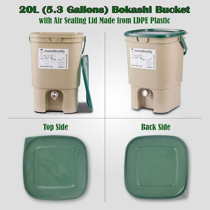 20L Bokashi Compost Bin, 5.28 Gallon Compost Bin for Kitchen Composter with Lid, Bokashi Start Kit with Bran (Tan & Dark Green) (20L/5.28GAL Tan & Dark Green)