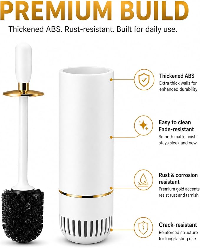 Toilet Brush Set, Dense Nylon Bristles, Wall Mount, Non-Scratch, White Gold | 16.5" Handle | Splash-Proof | Odor-Locking Lid | Ventilated Base | Hideaway Brush Head | Thick ABS | 2 Adhesive