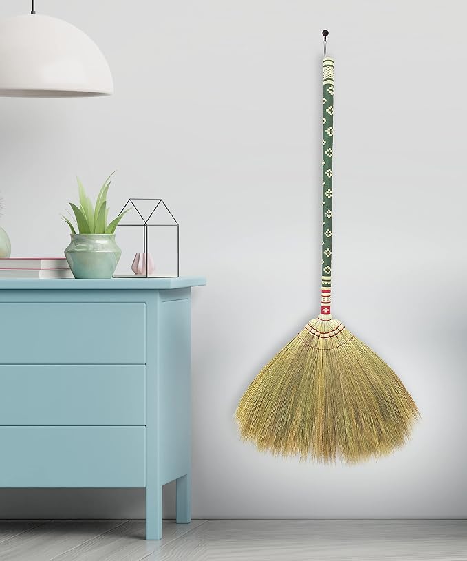 Natural Grass Thai Broom for Sweeping Vintage Retro, Handmade Broom,Witch Broom,Durable Broom for Indoor & Outdoor,Broomstick Bamboo Stick Long Handle (Turquoise)