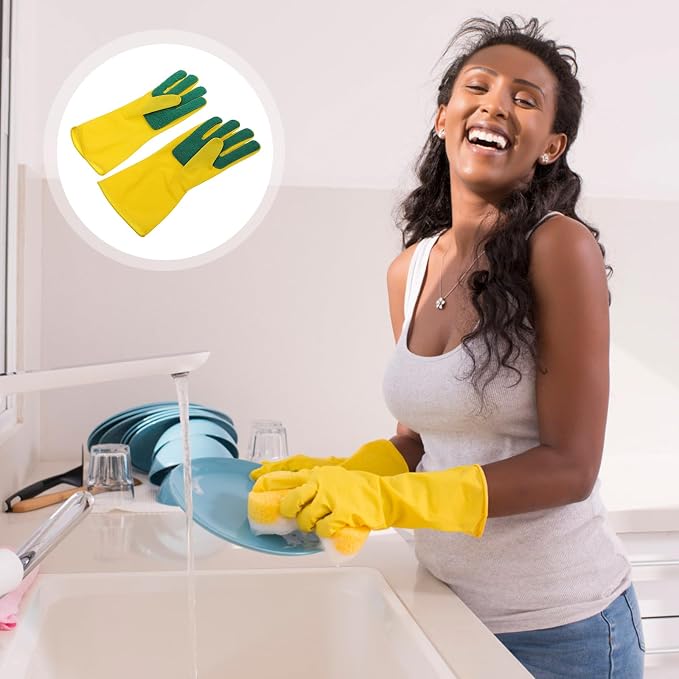 LALAFINA 2 Pairs Latex Gloves Kitchen Dishwashing Gloves Kitchen Latex Gardening Scouring Pad
