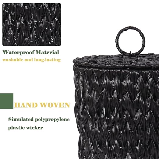 Plastic Wicker Trash Can with Lid - 2.6 Gallon Small Garbage Can with Removable Liner Bucket for Bedroom, Bathroom, Living Room - Boho Hand Woven Waste Basket for Home, Office, Black