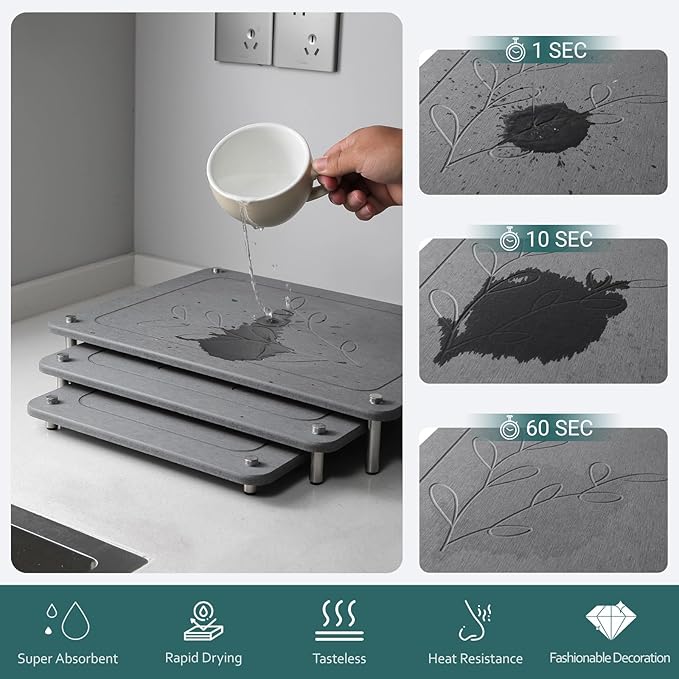 3Pcs Nesting Diatomaceous Earth Stone Drying Mat, Superior Water Absorption Quick Drying Dish Mat with Non-Slip Feet for Stability, Easy to Clean, Ideal for Kitchen Counter Sink Area