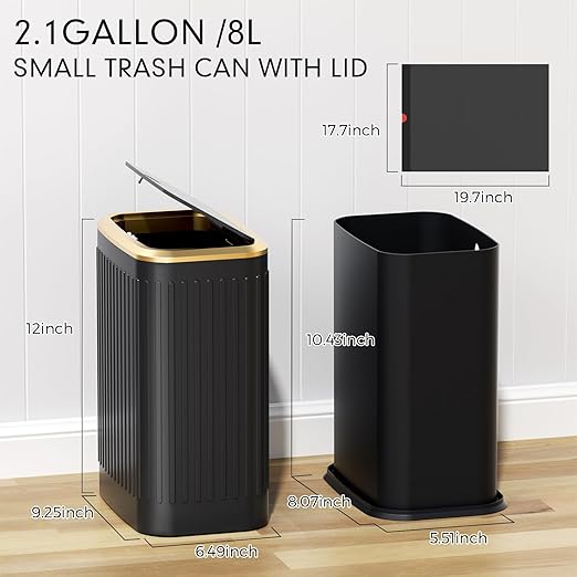 Bathroom Trash Can with Lid 8L/2.1 Gallon Black Trash Can Small Garbage Can with Press Top Lid Slim Stainless Steel Garbage Can with 100 Counts Trash Bags for Bathroom Bedroom Kitchen Office Toilet