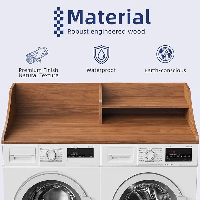 Memobarco 2 Tiers Washer Dryer Countertop, 54" Width x 27.5" Depth Laundry Countertop Organization, Wooden Washer and Dryer Topper for Folding, Sorting & Ironing, Easy to Install, Walnut