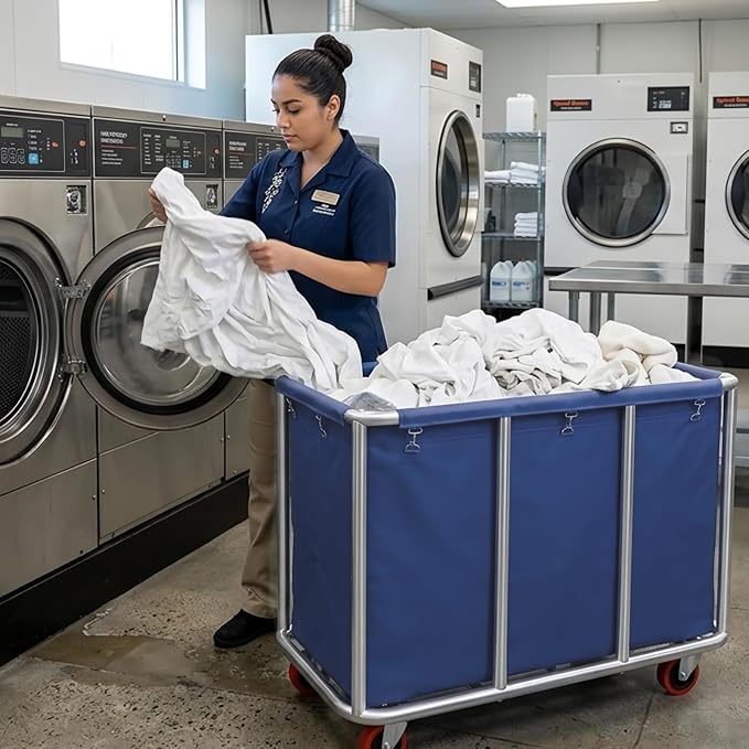 420L Commercial Rolling Laundry Cart with Wheels, 440 Lbs Heavy Duty Stainless Steel Frame Hamper, Extra Large Laundry Basket with Removable Waterproof Liner Bag for Hotel, Hospital & Dorm, Blue