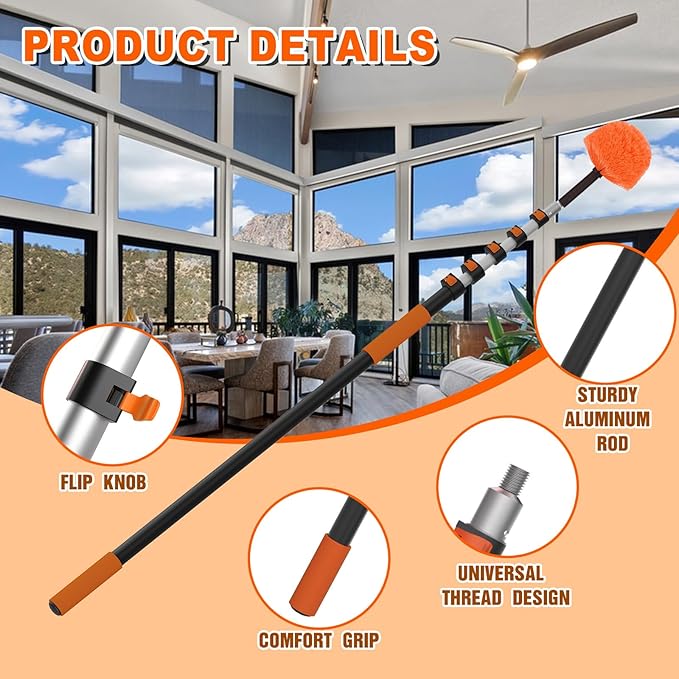 SISUPASSIE 30FT Reach Cobweb Duster with Extension Pole, High Ceiling Long Duster with 5-24FT Telescoping Pole, Spider Web Brush for Indoor Outdoor Use