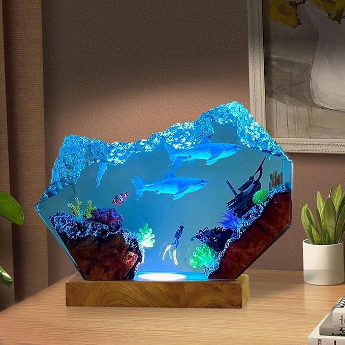 Shark Resin Lamp, Scuba Diving Resin Ocean Lamp,Handmade Shark Decor Bedside Nightlight with Wooden Base, RGB Mode,Unique Gifts for Valentine's Day, Mother's Day, Birhtday,Holiday(S 6"X4")