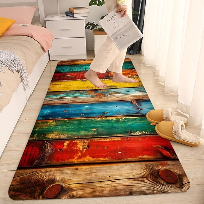 WODEJIA Non Slip Bath Rugs Sponge Foam for Bathroom,Flannel Mat Rug for Living Room, Absorbent MatS for Forlaundry Room and Kitchen, Colored Wooden Board Pattern Welcome Mat 47x18 Inches