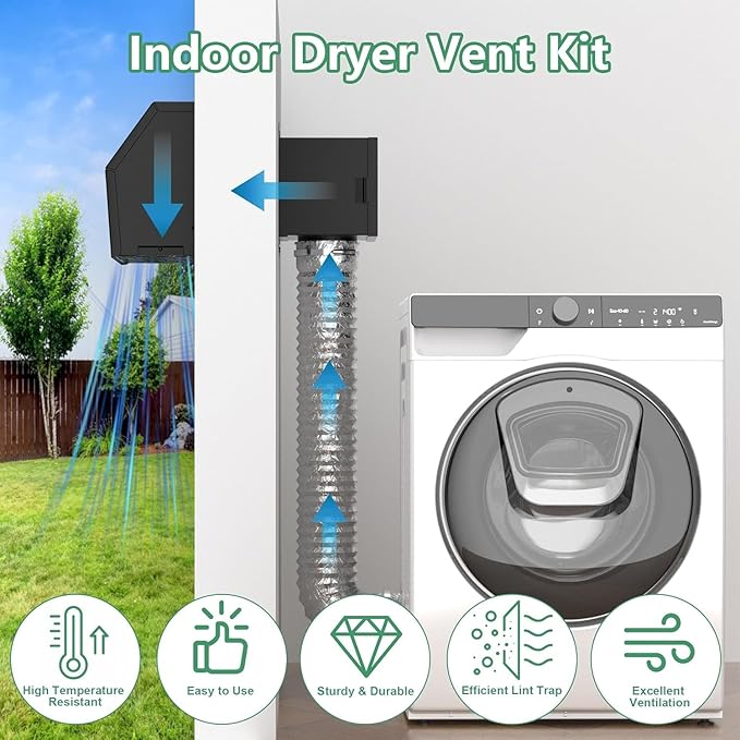 Metal Indoor Dryer Vent Lint Trap Box, 4" Secondary Dryer Lint Catcher Kit with 5FT Hose & Stainless Steel Clamps, Easy to Install for Electric Clothes Dryer, 90-degree Dryer Vent Filter (Black)