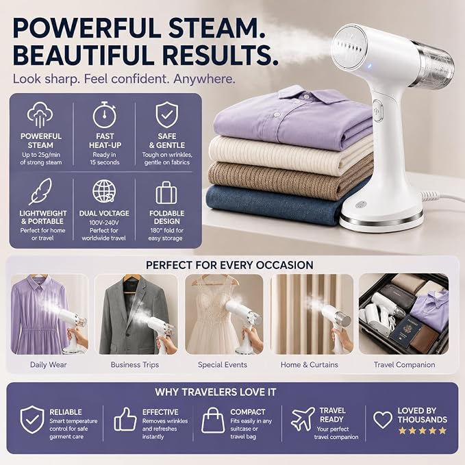 Foldable Handheld Garment Steamer - 1100 Watts of Powerful Steam - Dual Voltage (120-240) Great for worldwide Travel, Comes with Travel Bag (White)