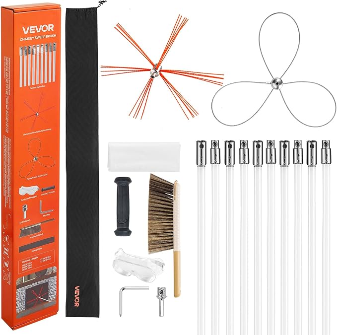 VEVOR Chimney Sweep Kit, 33 ft Maximum Extendable Length Chimney Brush, Chimney Cleaner Sweeper with Dual Brush Heads, Brush & Goggles, Fireplace Cleaning Tool for Square, Rectangle, Arch Chimneys