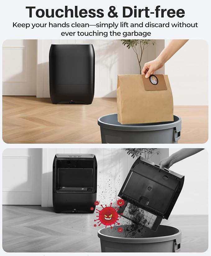 LyriFine Touchless Vacuum Automatic Dustpan, 6-Pack Dustbags Automatic Dustpan with Nozzle Attachment, Auto Sensors Hair Vacuum for Salons, 2 Cleaning Modes Electric Dustpan for Floors Pet Hair Food