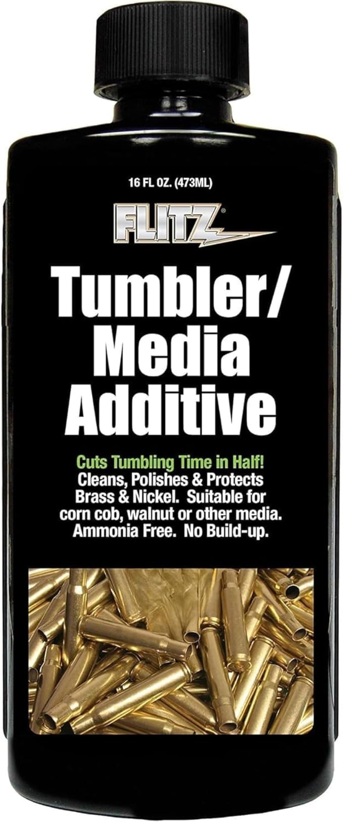 FLITZ Tumbler Media Additive - 16oz Bottle of USA-Made Brass Cleaner Reloading Liquid for Ammo, Copper, & All Metals - Ammonia-Free Tumbling Polish to Remove Oxidation, Powder Residue (1 Pack)
