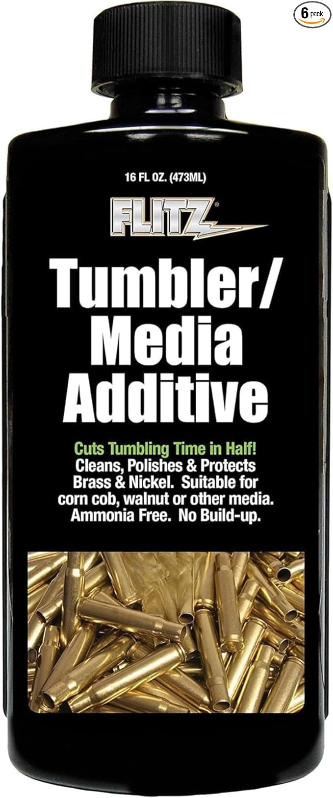 Flitz Tumbler Media Additive - 16oz Bottle of USA-Made Brass Cleaner Reloading Liquid for Ammo, Copper, & All Metals - Ammonia-Free Tumbling Polish to Remove Oxidation, Powder Residue (6 Pack)
