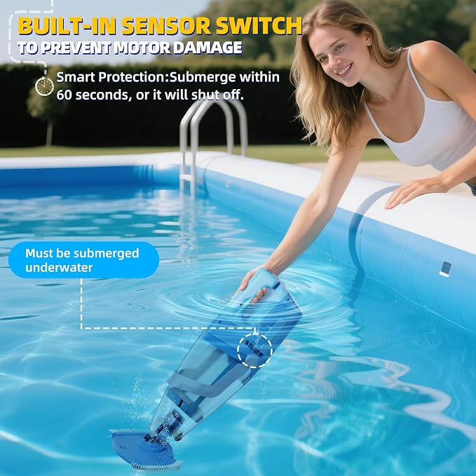 Cordless Pool Vacuum, 1950 GPH Powerful Suction, Handheld Pool Cleaner with Telescopic Pole, 60 Min Runtime, 2L Large Capacity, Rechargeable for Above Ground & Inground Pools, Spas & Hot Tubs