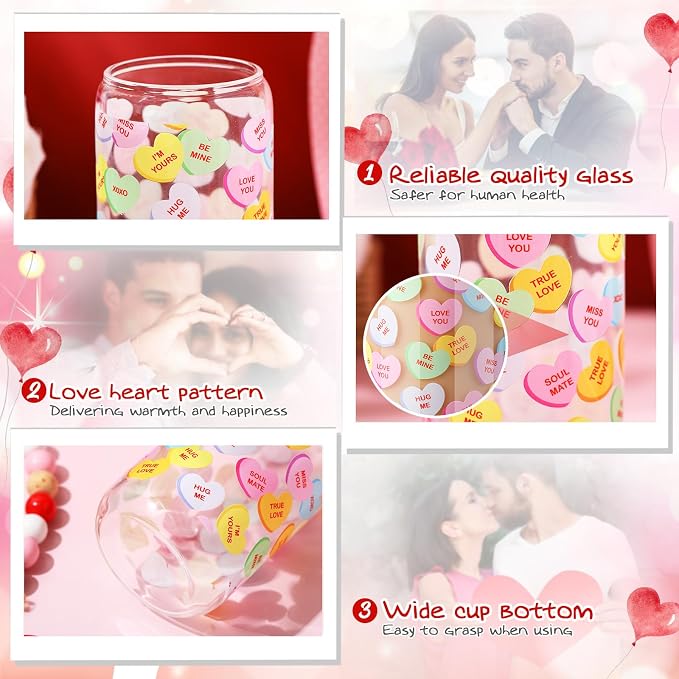Sliner 2 Pcs Valentine's Day Cups Conversation Heart Glass Tumbler with Lid Straw Gifts 16 oz Iced Coffee Cup Drinking Glasses Holiday Cute Beer Can Tumbler for Home Office Decorations