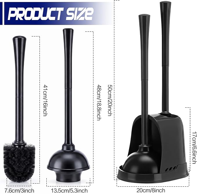 Reallnaive 4 Set Toilet Plunger and Brush Set with Ventilated Holder 2 in 1 Toilet Bowl Brush and Heavy Duty Plunger Combo Bathroom Cleaning Kit for Home and Commercial Bathrooms Drainage(Black)