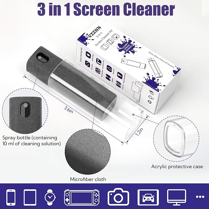 50 Pack Screen Cleaner 3-in-1 Screen Cleaner Spray and Wipe Built-in Cleaning Solution Touchscreen Mist Cleaner for All Car Screen Phone Laptop iPad TV Monitor,Gray
