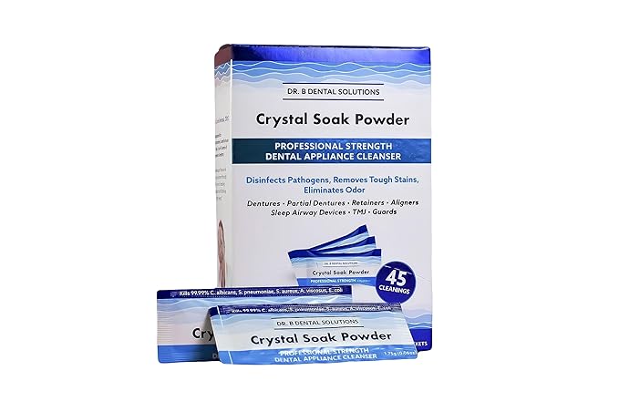 Dr. B Dental Solutions Powder Crystal Soak Cleanser, Ideal for Oral Appliances, Dentures, Night Guards, Retainers, Aligners, and Sleep Apnea Devices - 45 Single Use Packets