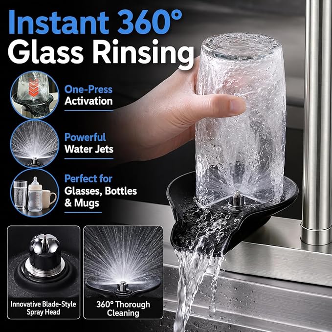 Kitchen Faucet with Pull Down Sprayer and Cup Washer, Glass Rinser Faucet, Lead-Free Brass Waterway, 3 Spray Modes, Single Handle, Single Hole Kitchen Sink Faucet, Brushed Nickel