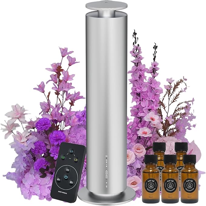 Somniare Waterless Essential Oil Diffuser, 1500 Sq. Ft Coverage Quiet Scent Diffusers for Homes, Hotels, Spas, Adjustable Mist, Included 5 Scent Oils(3.3OZ), Safe for Kids&Pets, Silver