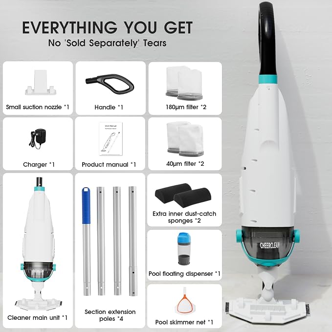 Cordless Handheld Pool Vacuum for Above Ground Pools - 26.5GPM Real Suction,Time-Saving Directional-Control,60min Runtime,2 Vac Heads & 4 Filter Bags,Leaf Net for Hot Tubs & Inground Pools -Green
