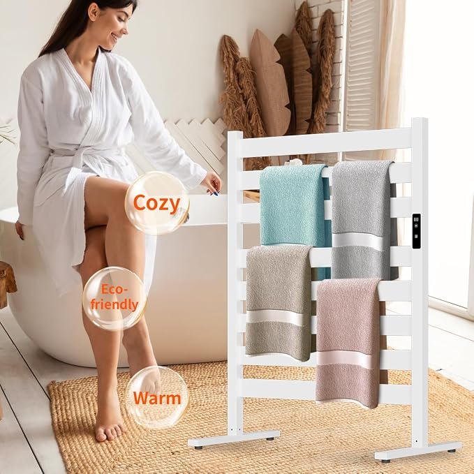 Verida Towel Warmer for Bathroom, Freestanding Heated Towel Rack with Extra-Wide 8-Bar Heating, Built-in Timer & 3-Level Temperature Control, Large White Floor Standing Rack