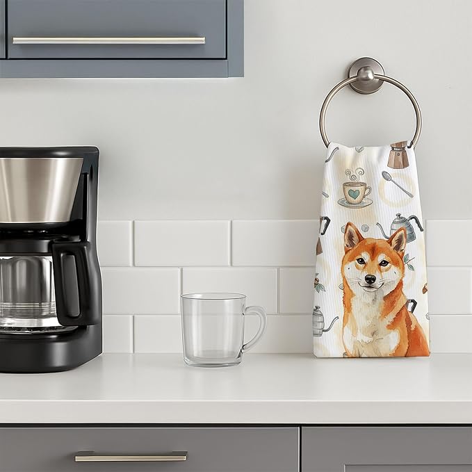 Caroline's Treasures Red Shiba Inu Coffee Bar Kitchen Towel Velour Plush Front and Cotton Loop Back Machine Washable