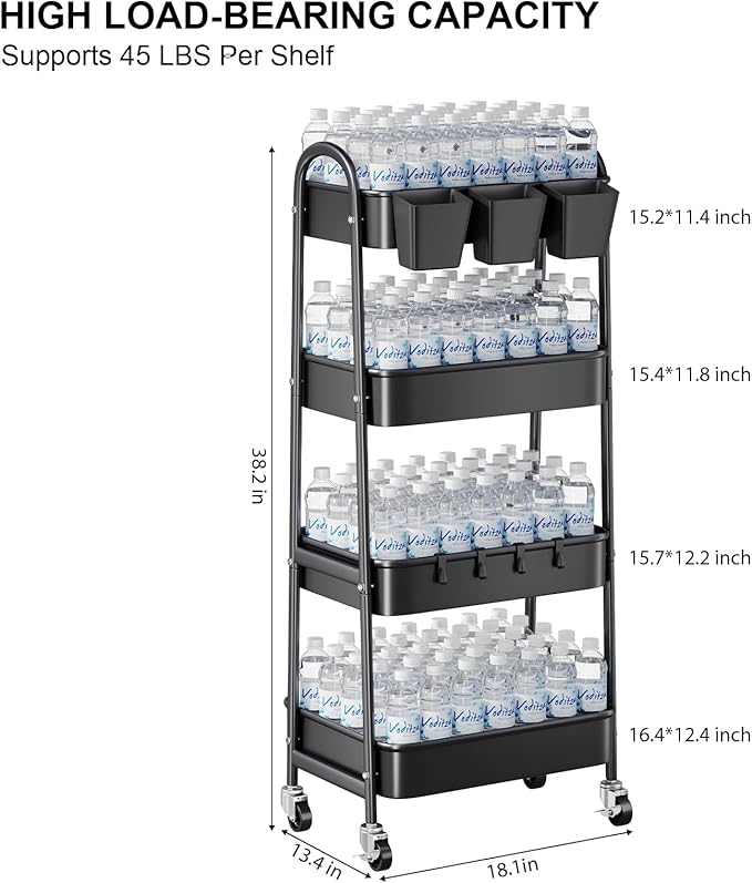 Black 4 Tier Rolling Cart Metal with Lockable Wheels, Four Tiered Tall Storage Rolling Cart on Wheels, Heavy Duty Utility Organizer Carts for Laundry, Kitchen, Dorm, Craft, Art, Snack,Mesh Basket,38in