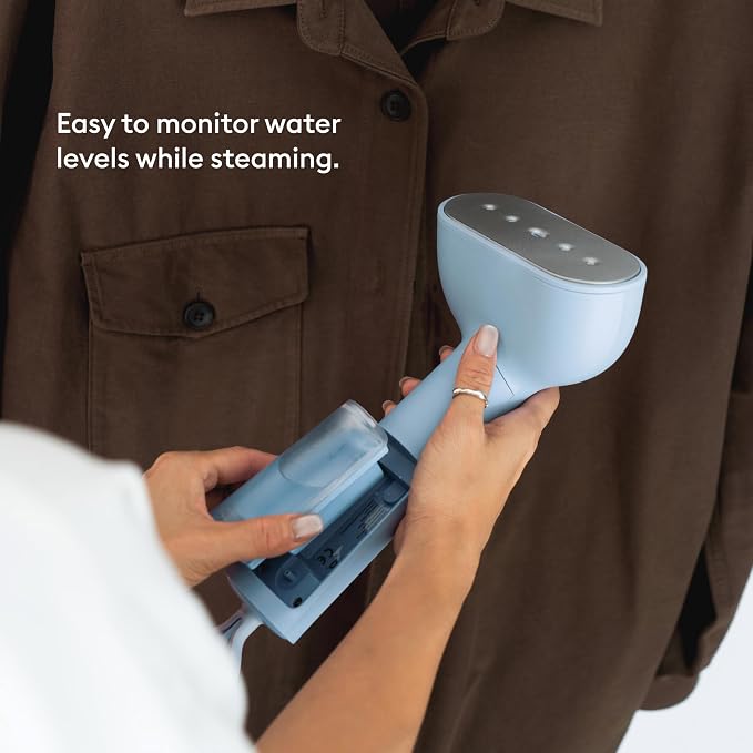 Steamery Handheld Clothes Steamer Cirrus Core, 1350W, Steam Output 0.74 oz/min, Heat up in 15 Seconds, Dry Steam Technology, Hanging Loop, Visible Water Tank, Portable, Scandinavian Design (Blue)